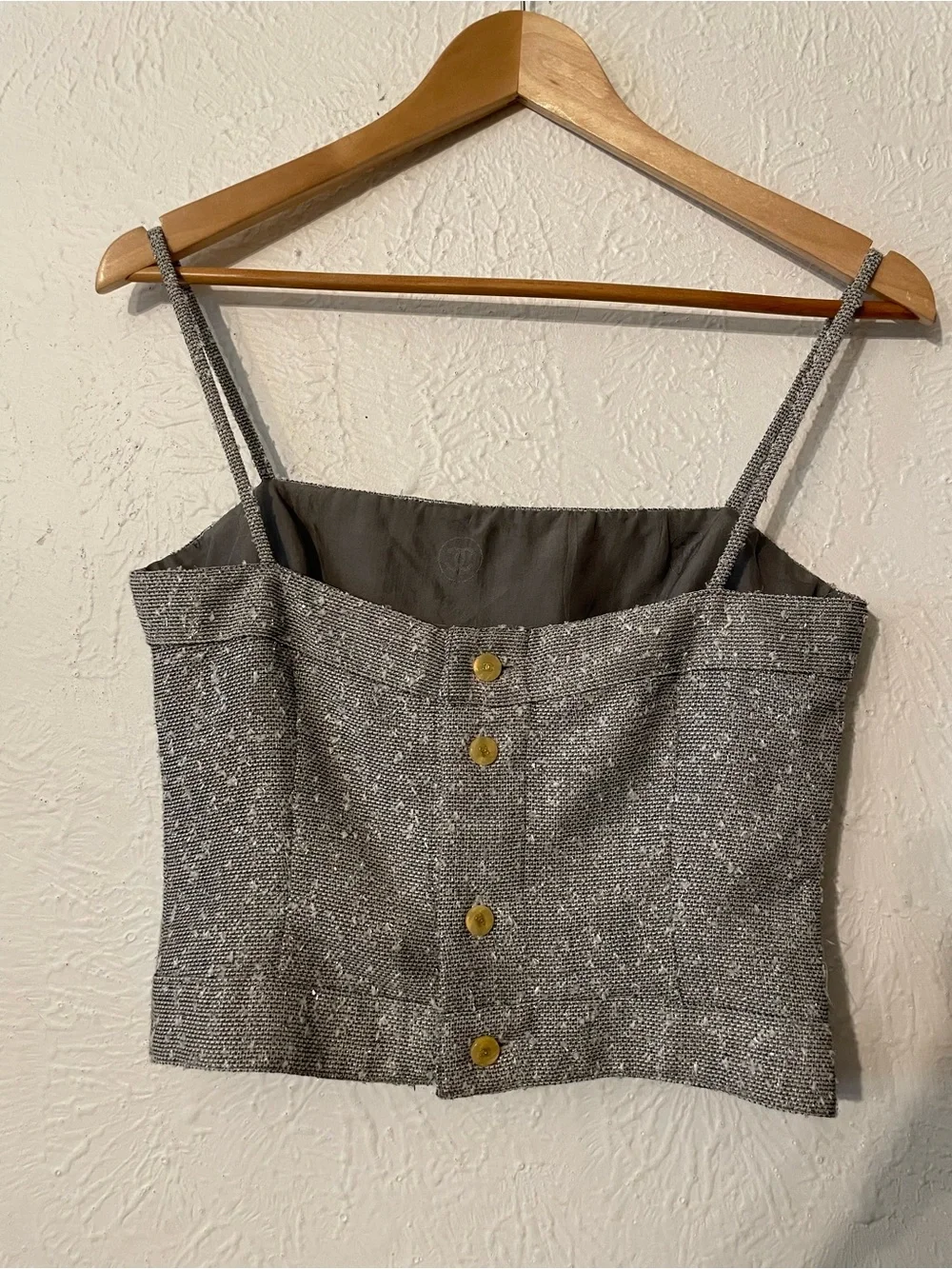CHANEL Gray Tweed Spaghetti Strap Crop Camisole Buttoned Top Size FR 36